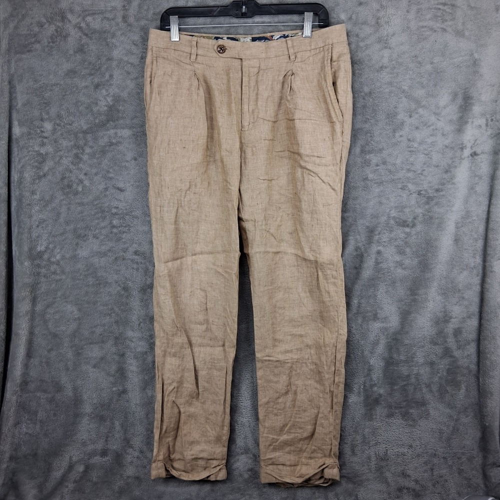 Murano Zac Baird McNutt Linen Pants Mens 32x30 Pleated Cuffed Cream Brown